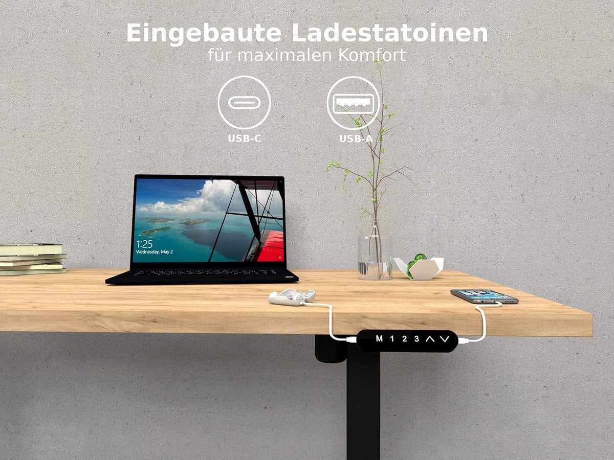 POKAR Height Adjustable Desk Height Adjustable Electric Office Table with Tabletop (Golden Craft Oak, 140 x 80) - QUORE
