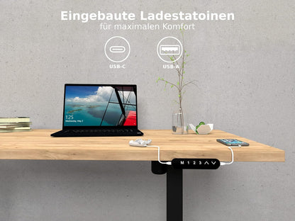 POKAR Height Adjustable Desk Height Adjustable Electric Office Table with Tabletop (Golden Craft Oak, 140 x 80) - QUORE