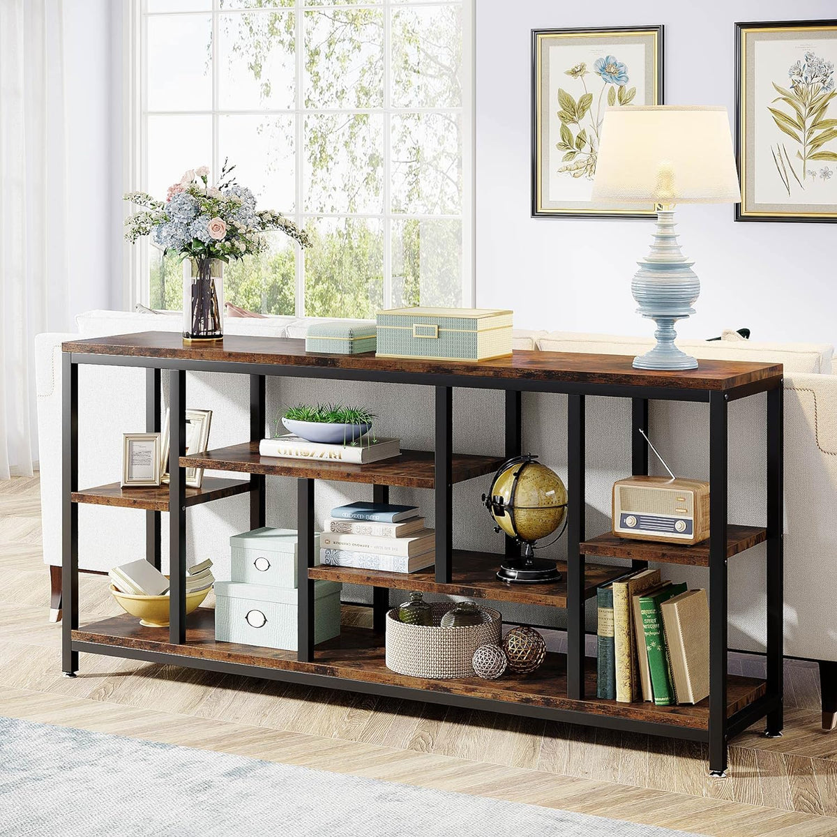 Tribesigns Console Sofa Table, 180cm Extra Long Table Behind Sofa with Storage Shelves, 3-Tier Industrial Narrow Entrance Hallway, Accent Table for Living Room, Rustic Brown