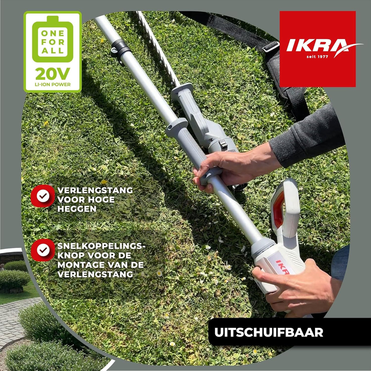 IKRA 2in1 heggenschaar zonder kabel ICPH 2050 met telescoopsteel voor hoge heggen, incl. 20V accu, laadstation & schouderriem