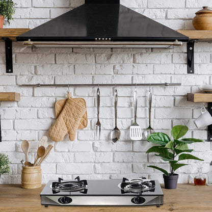 NJ NGB-S2 Indoor Gasfornuis - 2 Pits Draagbare Gaskookplaat LPG Fornuis Kookplaat voor Caravan Zwart Glas Vrijstaand Tafelblad voor Thuis Keuken Camping Tuin Catering 6.8kW