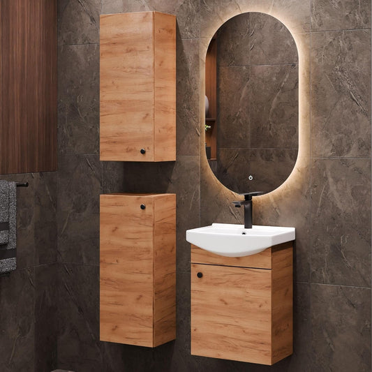 Planetmöbel bathroom cabinet set Washbasin with vanity unit 45 x 60 x 33 cm, mirror with lighting 50 x 90 cm, 2X midi cabinets for bathroom & guest toilet, gold oak - QUORE