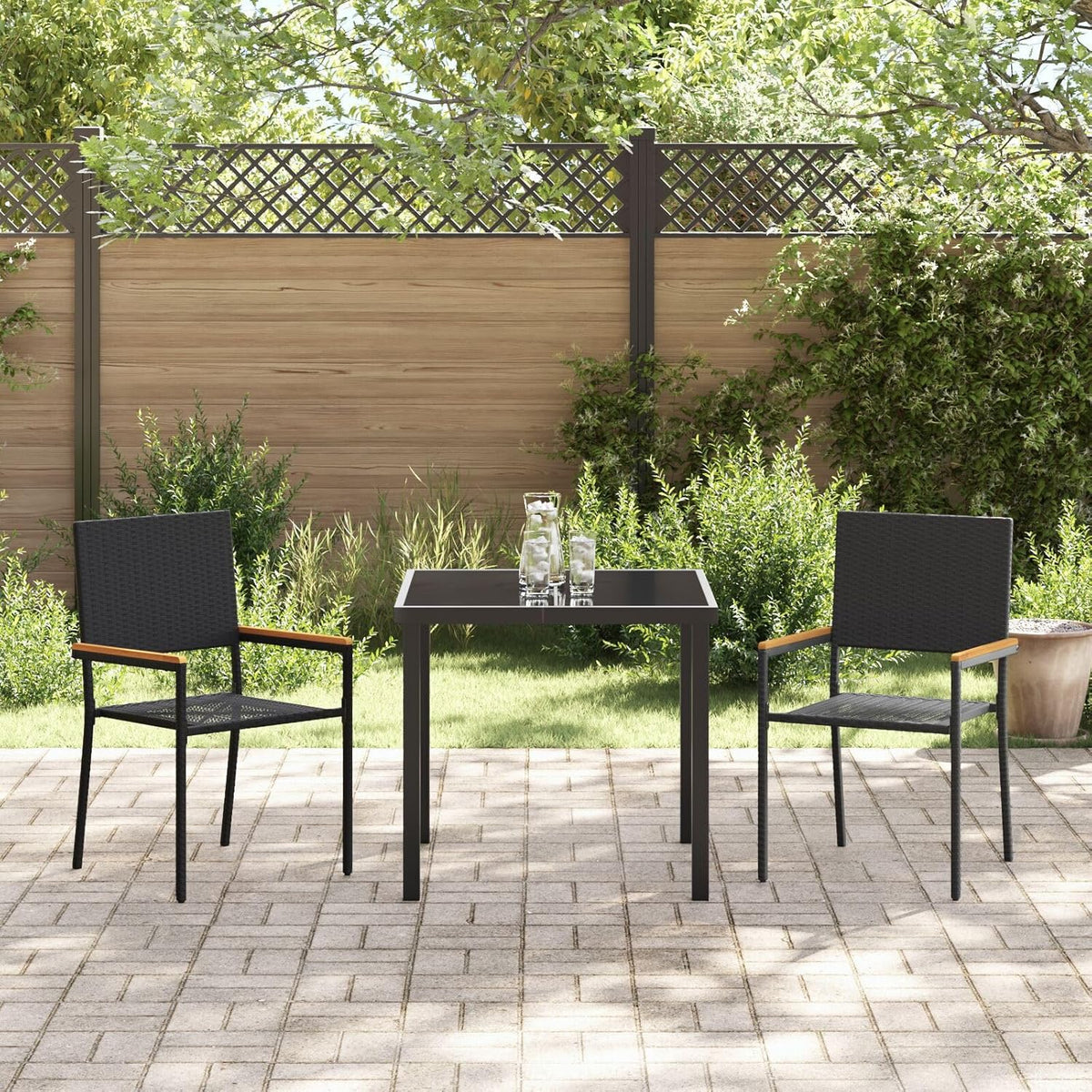 Stackable Garden Chairs Set of 2 Rattan, Polyester, Black for Patio, Balcony, Outdoor Furniture, Comfortable and Durable, Space-Saving Design - QUORE