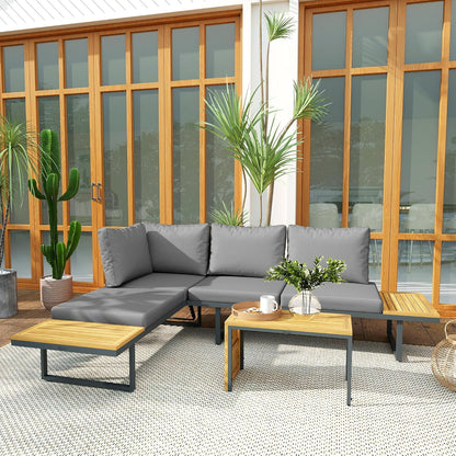 Outsunny Akazienholz Gartenmöbel Set 6 Persons L-Förmig Gartenlounge mit Eckbank verstellbar Rückenlehne Beistelltisch Kissen Balkonmöbel-Set Outdoor Sitzgruppe für Garten Terrasse Balcony Hellgrau - QUORE