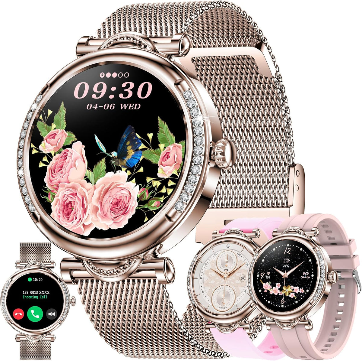 Smartwatch Damen met Bellen/Kiezen via Bluetooth, 1,27” Smart Watch voor Damens con Diamanti, Slaapmonitor Menstruatie Volgen Calorie Stappenteller Stopwatch Activity-Armband voor Android iOS (Goud)