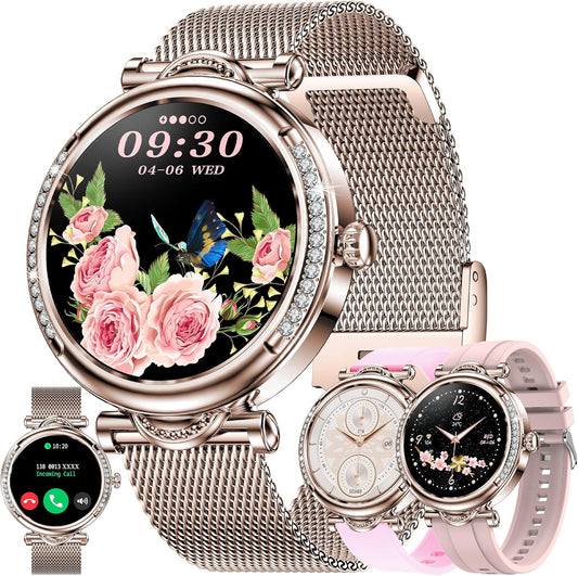 Smartwatch Damen met Bellen/Kiezen via Bluetooth, 1,27” Smart Watch voor Damens con Diamanti, Slaapmonitor Menstruatie Volgen Calorie Stappenteller Stopwatch Activity-Armband voor Android iOS (Goud)