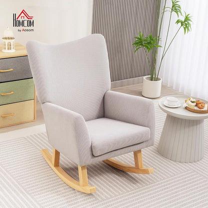HOMCOM Schommelstoel, schommelstoel met hoge rugleuning, corduroy, schommelstoel, relaxstoel met brede armleuning, houten glijders, voedingsstoel voor woonkamer, slaapkamer, balkon, lichtgrijs