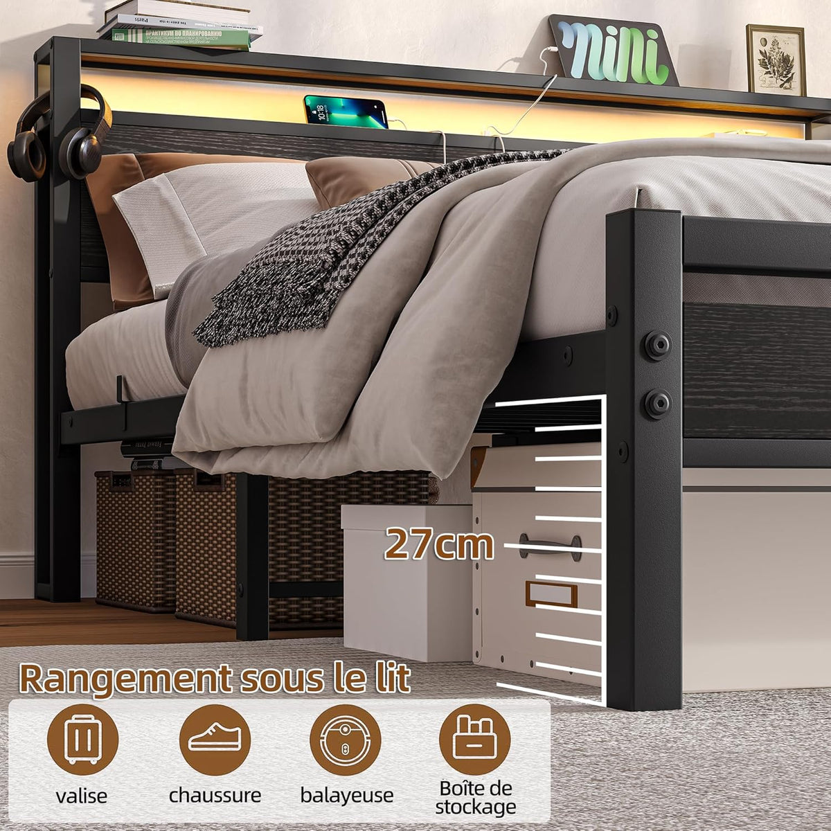 Bedframe met laadstation, led-verlichting, tweepersoonsbed, logeerbed, metalen bed, 160 x 200 cm, bedframe van metaal, jeugdbed met lattenbodem, hoofdeinde in zwart, voor slaapkamer en