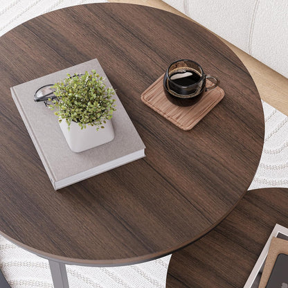 HOJINLINERO Set van 2 ronde nestels, stapelbank, bijzettafel, voor woonkamer, slaapkamer, kantoor, balkon, appartement (walnoot)