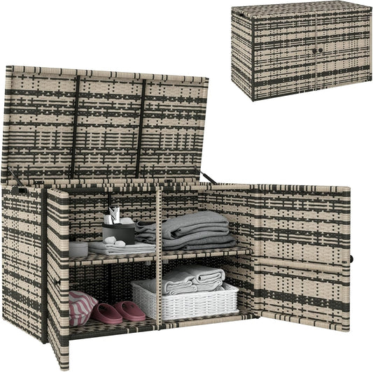 Outsunny Rattan Storage Box, 350 Litres, 2 Levels, Weatherproof, Cushion Box with Lid, Lifting Rods, Handles, UV-Resistant Garden Box, Storage Box, Garden Box for Garden, Patio, Balcony, 118 x 57 x 69 - QUORE