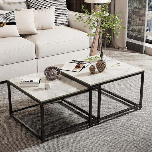 White Marble Top Tables Square Coffee Table - Nesting Tables Set of 2 Sintered Stone with Black Metal Frame, Living Room Apartment Hotel Office - QUORE