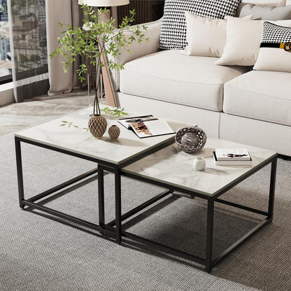 Witte marmeren bovenblad tafels vierkante salontafel - nesttafels set van 2 gesinterde steen met zwart metalen frame, woonkamer appartement hotel kantoor