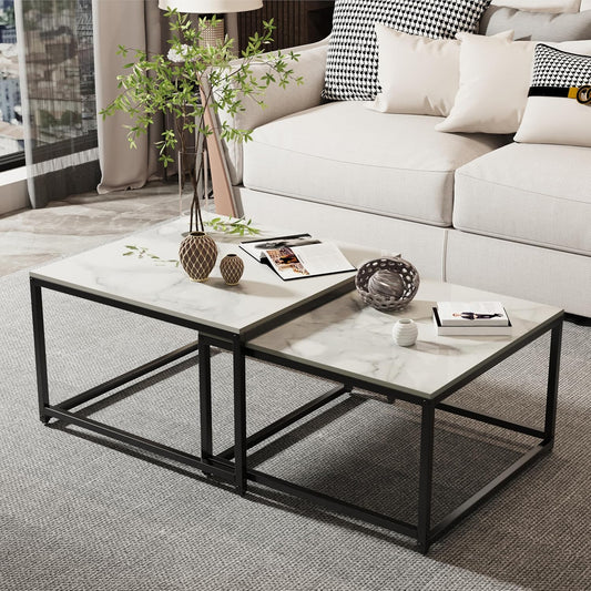 Witte marmeren bovenblad tafels vierkante salontafel - nesttafels set van 2 gesinterde steen met zwart metalen frame, woonkamer appartement hotel kantoor
