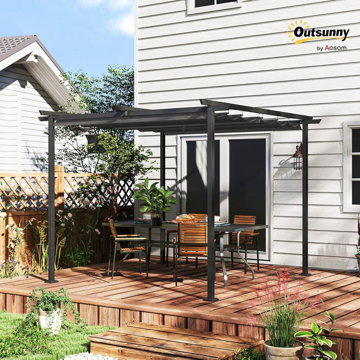 Outsunny Pergola 3x3m Garten Pavillon Terrassendachung aus Metall, Gartenpavillon mit Verstellbares Dach, UV Schutz 30+ Freistehender Sonnenschutz für Terrasse und Garten, Dunkelgrau - QUORE