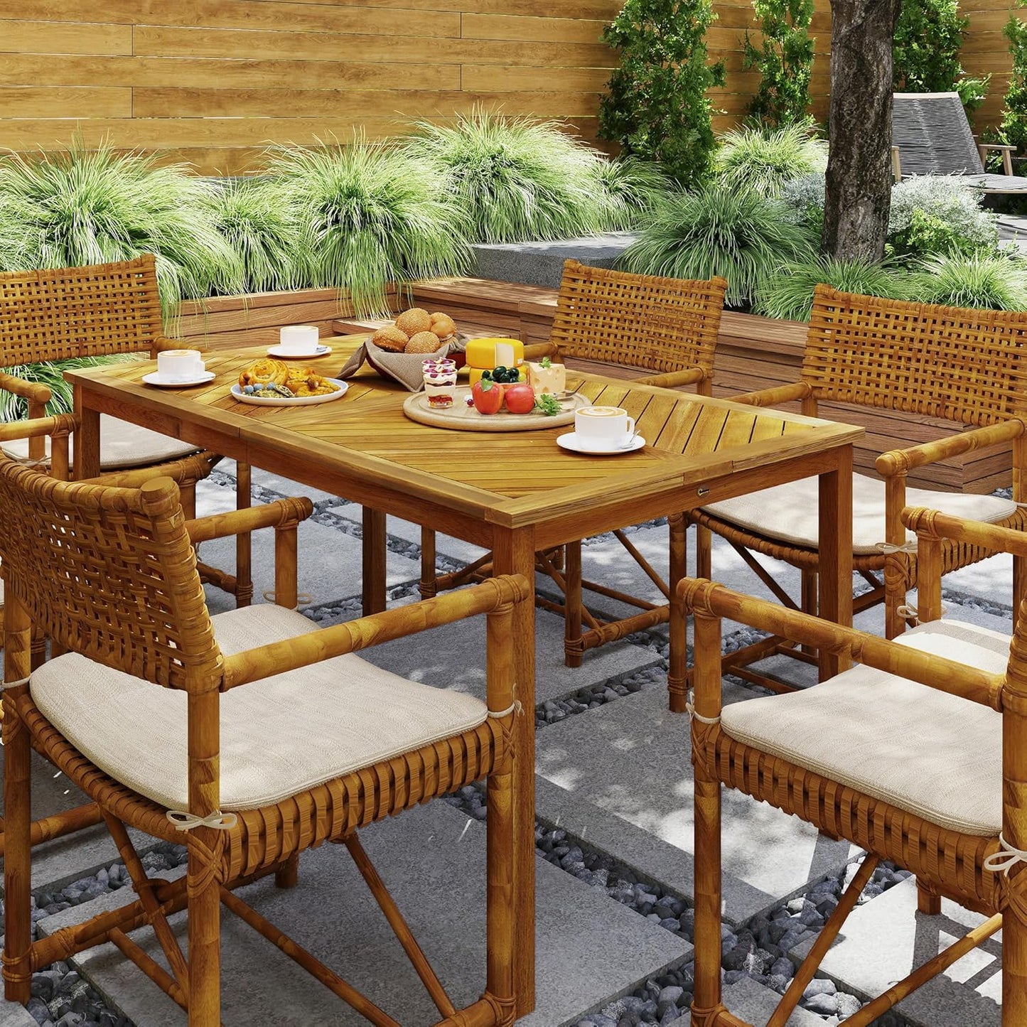 Outsunny Gartentisch klappbar 150x85cm, Wetterfest Balkontisch aus Holz, 6 Persons Klapptisch mit Schirmloch, Lamellendesign Esstisch Outdoor, Beistelltischisch, Terrassentisch für Garten Balcony Teak - QUORE
