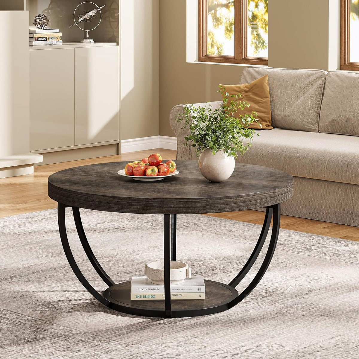 Tribesigns Round Coffee Table, 80.5cm Wooden 2-Tier Circle Coffee Table with Storage Shelves, Modern Accent Cocktail Table Center Table for Living Room, Grey