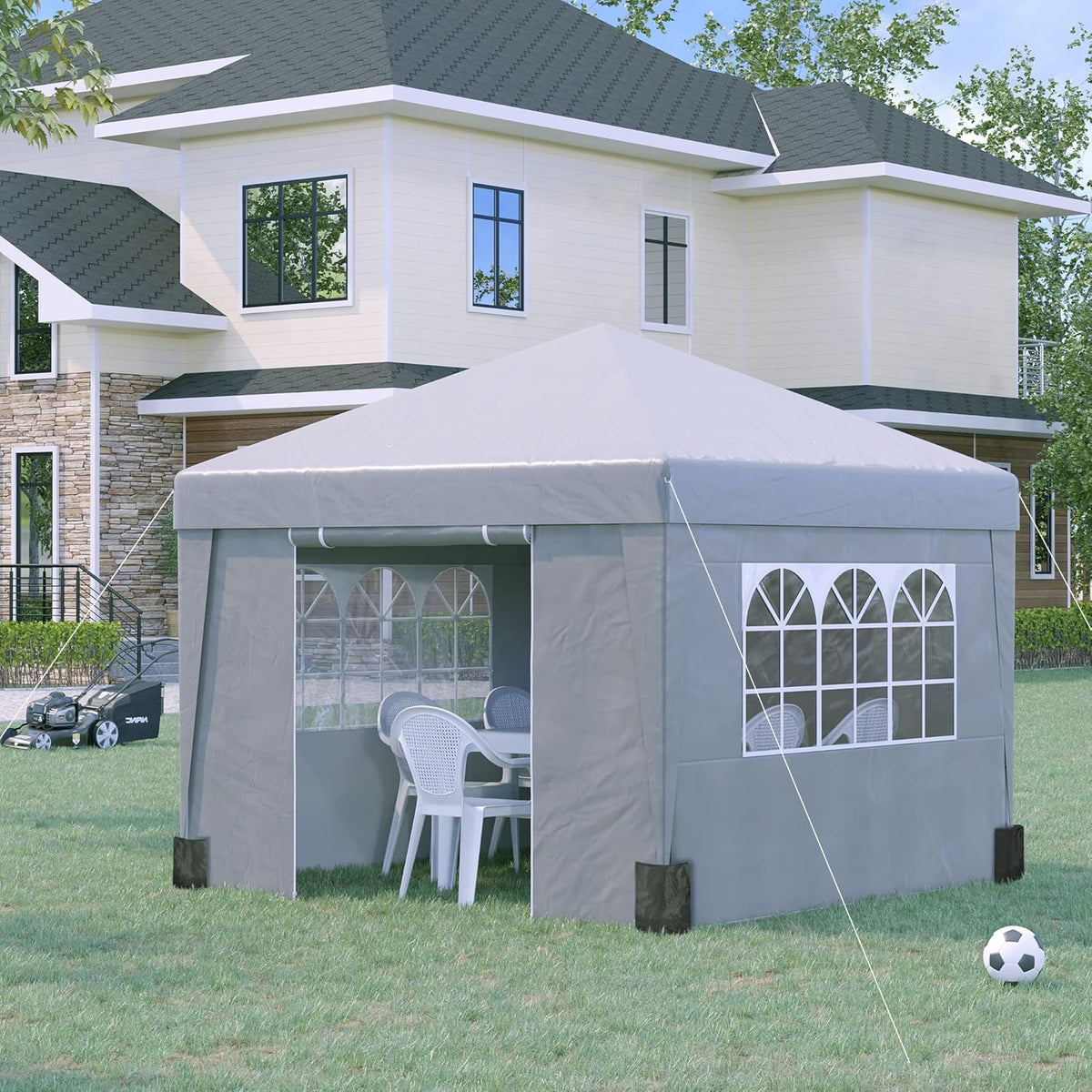 Outsunny Tuinpaviljoen, pop-up, opvouwbaar, paviljoen, partytent, 3 x 3 m, uv-bescherming 30+, met ramen, zijwanden, transporttas, zandzakken, grijs