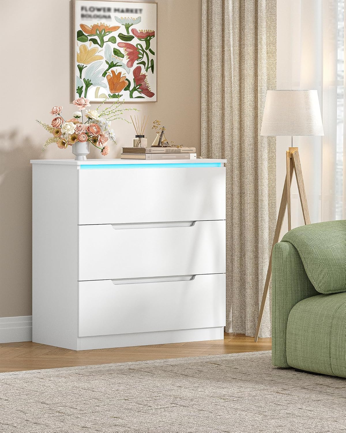Hzuaneri Chest of Drawers, Side cabinet with LED light strip, Modern style, Suitable for living room and bedroom, 40 x 70 x 80 cm, White DC01303XEU