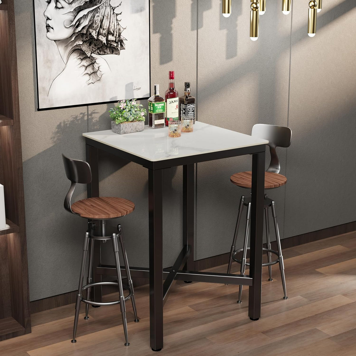 FATIVO Bartafel vierkant gesinterde steen: 70 x 70 cm glanzend wit marmeren staven tafels toonhoogte 105 cm cocktailtafel bar meubels voor thuis keuken ontbijt dineren, pub, coffeeshop, kantoor,