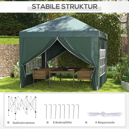 Outsunny Folding Pavilion approx 3 x 3 m - Pavilion with 4 side walls, windows, marquee with UV protection, gazebo including carry bag - for garden, terrace, steel Oxford, green - QUORE