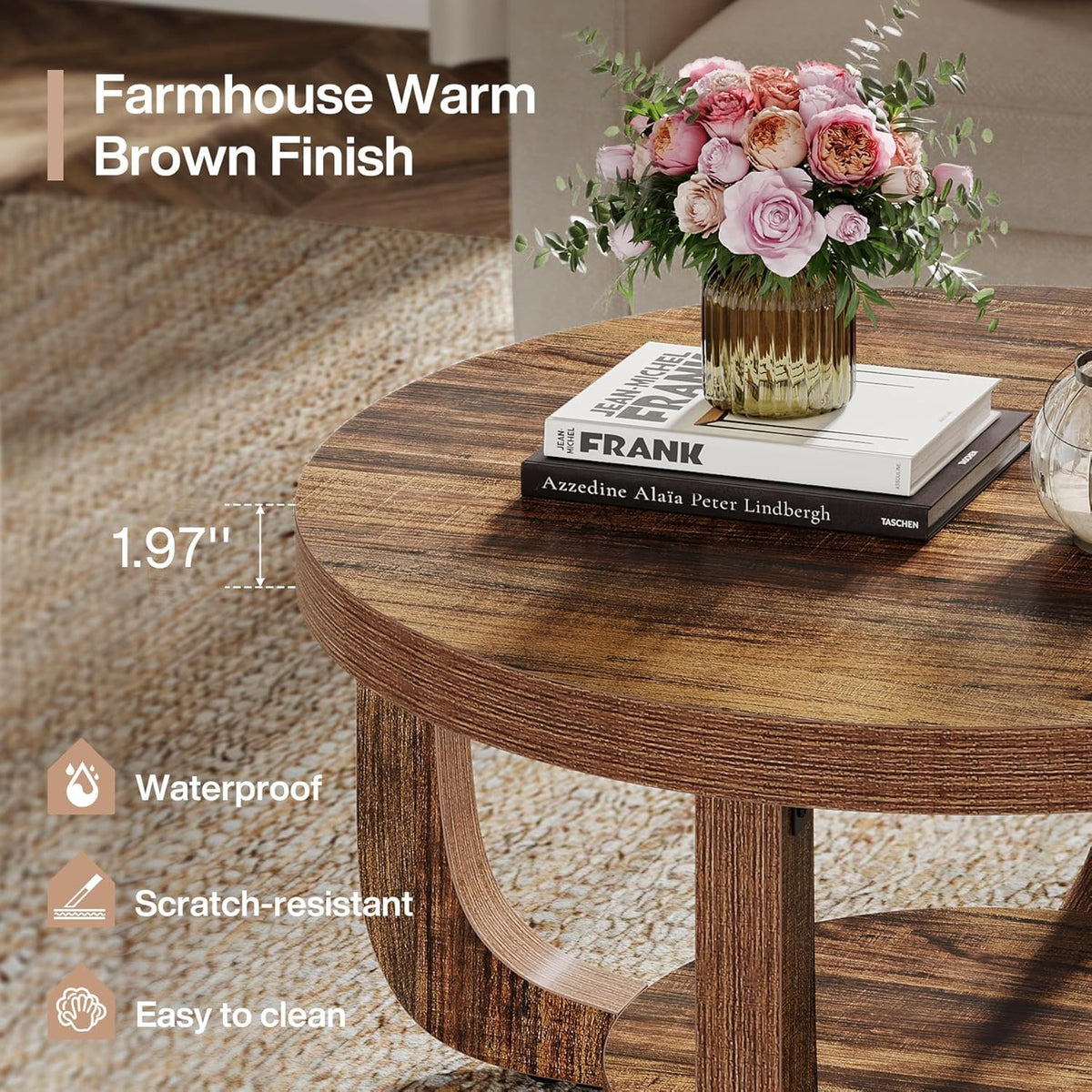 Tribesigns Round Coffee Table, 2-Step Round Coffee Table with Storage Space, 80 cm, Modern Accent Table Made of Wood for Living Room, Thick Table Top and Base, Rustic Brown