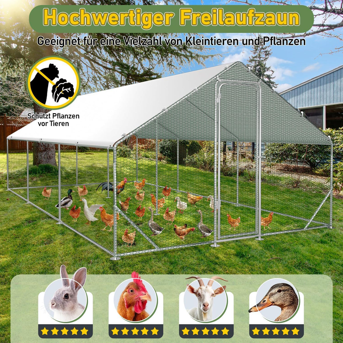 Walk-In House, 3 x 6 x 2 m, Walk-In Chicken Coop, Galvanised Steel, Small Animal House, Chicken Coop with Sunroof and Door for Pet Cage, Chicken Cage, Small Animals, Plants - QUORE
