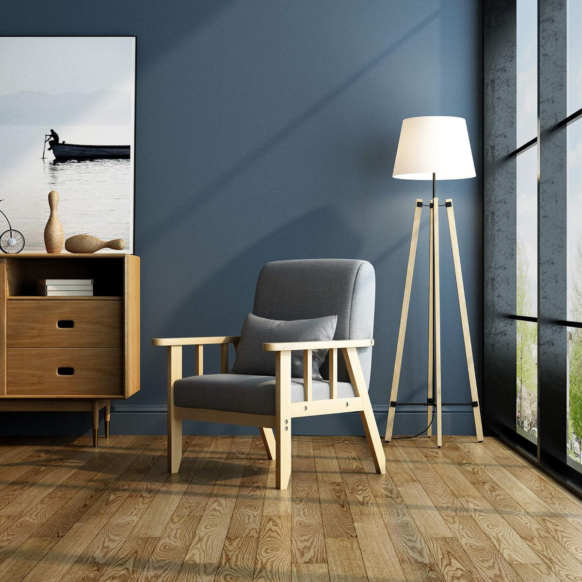 Mondeer Fauteuil, linnen, massief houten frame, retro met kussen, voor slaapkamer, woonkamer, balkon, kantoor, donkergrijs
