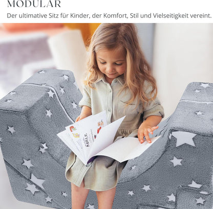 MeMoreCool Modulaire kinderbank van schuimrubber, uitklapbaar kinderkamermeubel met zit- en ligfunctie, zachte mini-bank met afneembare overtrek