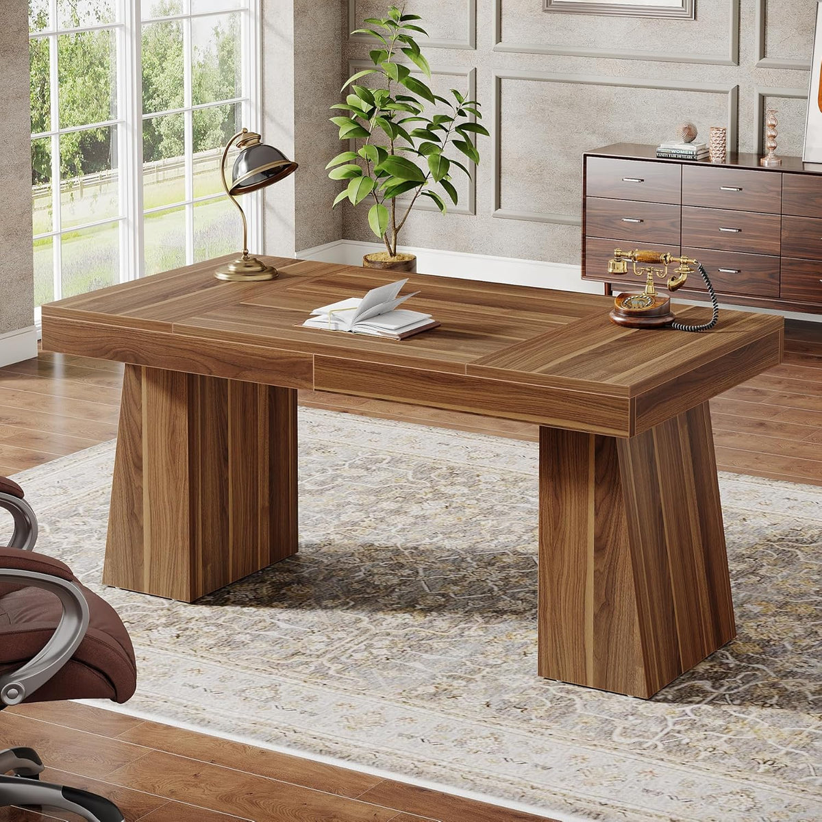 Tribesigns 55 inch Executive Desk, Mid-Century Modern Home Office Desk with Double Trapezoid Base, Wooden Computer Desk Business Workstation Desk Small Conference Table, Brown