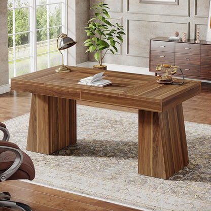 Tribesigns 55 inch Executive Desk, Mid-Century Modern Home Office Desk with Double Trapezoid Base, Wooden Computer Desk Business Workstation Desk Small Conference Table, Brown