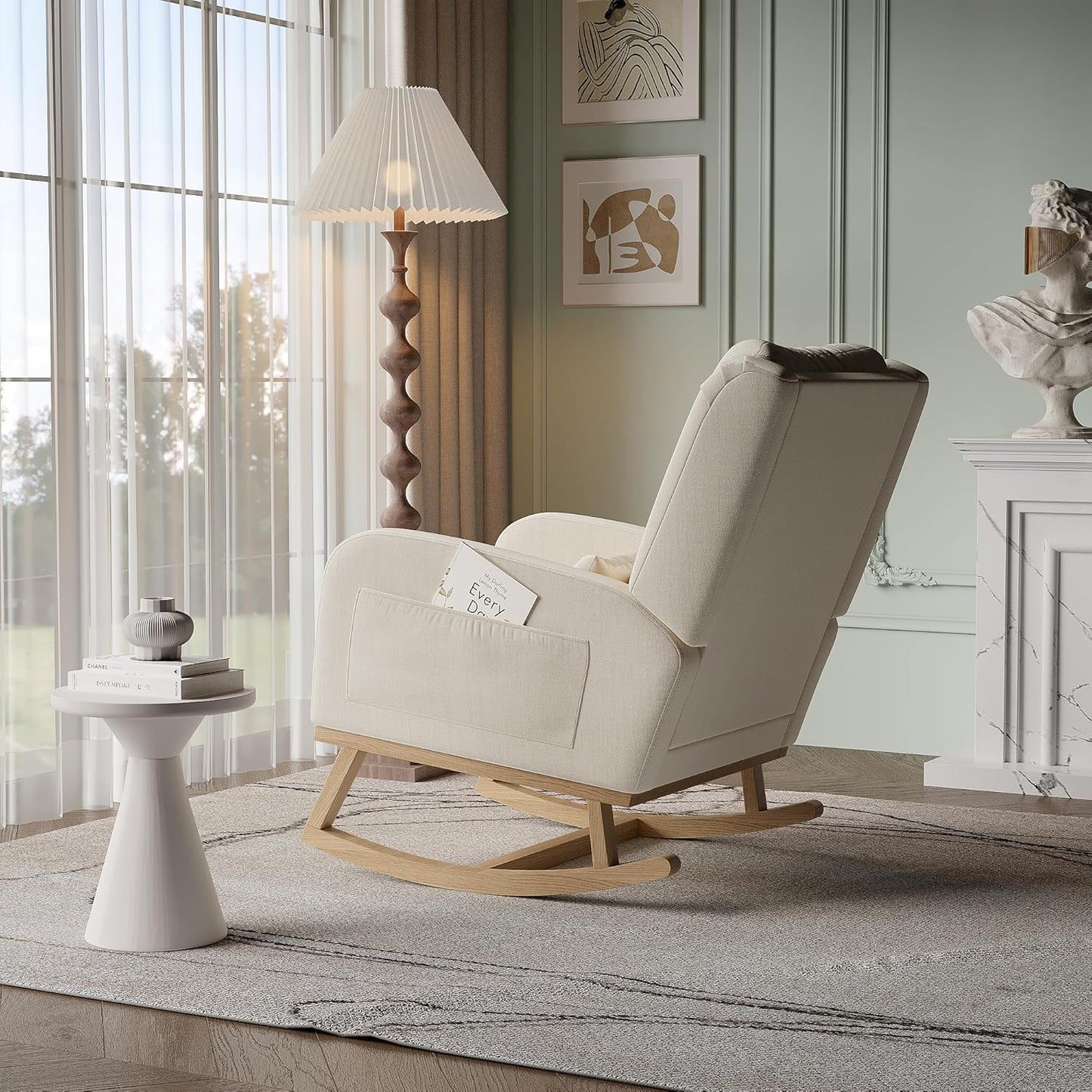 Rocking Chair, Scandinavian Rocking Chair, Breastfeeding Armchair, Scandinavian Leisure and Rest Chair Made of Fabric with Wooden Metal Legs for Living Room, Bedroom, Beige