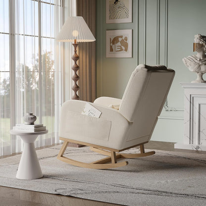Rocking Chair, Scandinavian Rocking Chair, Breastfeeding Armchair, Scandinavian Leisure and Rest Chair Made of Fabric with Wooden Metal Legs for Living Room, Bedroom, Beige