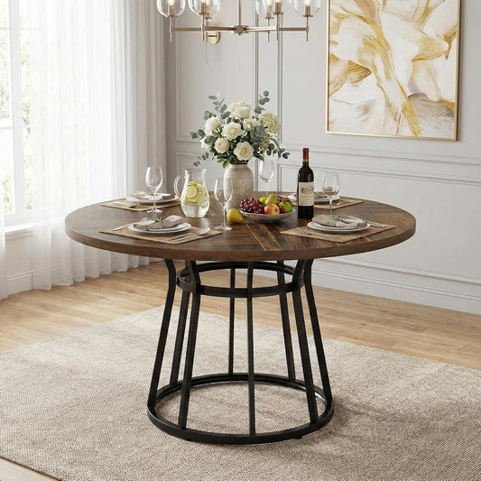 Lailang 120cm Eettafel, Eetkamertafel Rond, Kitchen Dining Table, Houten Eettafel, Dining Table For 4, 120 x 120 x 75 cm, Brown Black