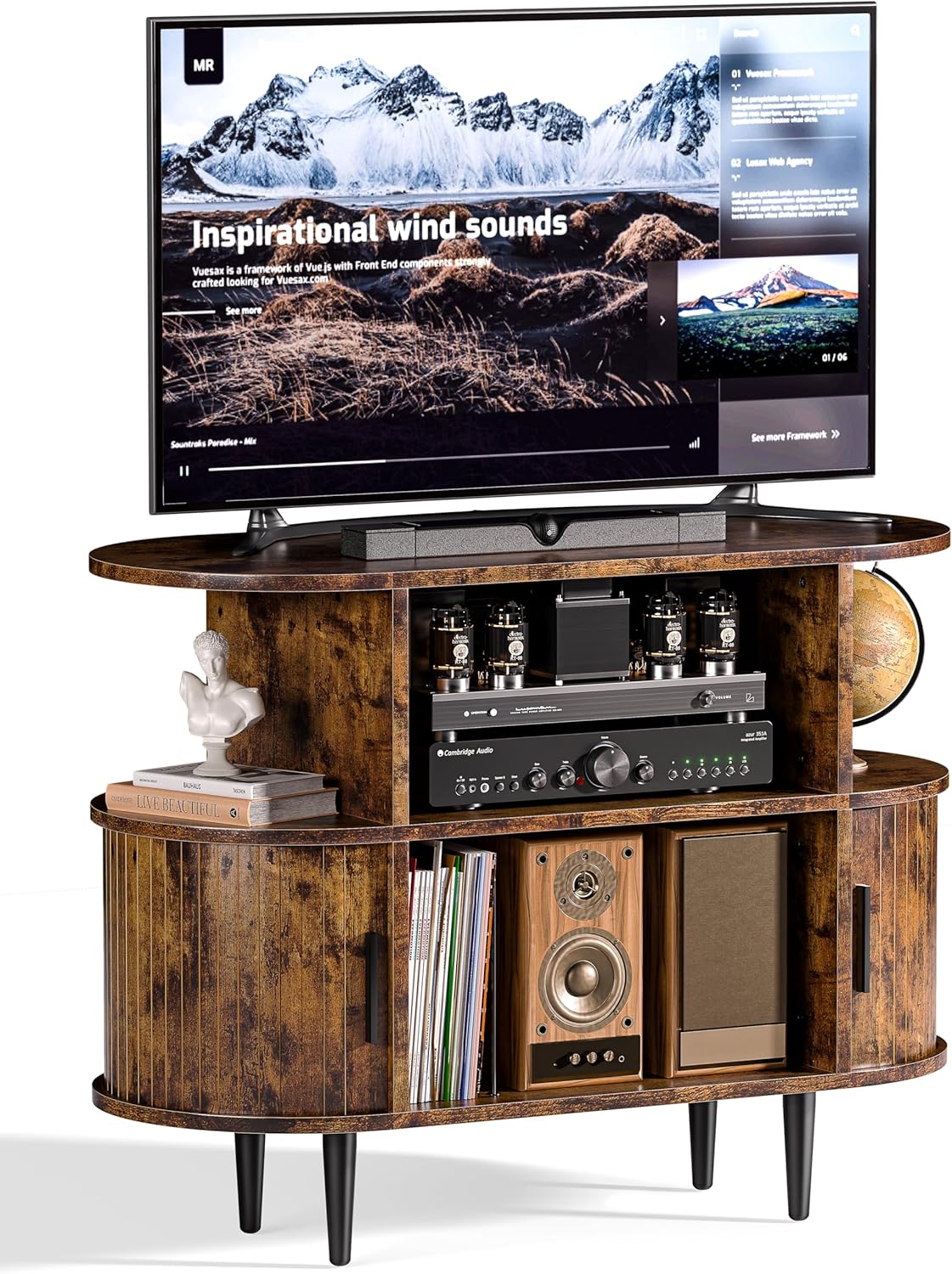 Platenspelerstandaard, vinylplaat kast, tv-kast hout, televisietafel met afgeronde hoeken, tv-standaard met opbergruimte, tv-rek voor televisies tot 165 cm, met schuifdeuren voor woonkamer, bruin