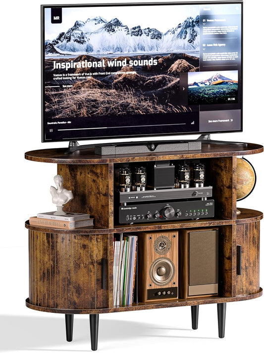 Platenspelerstandaard, vinylplaat kast, tv-kast hout, televisietafel met afgeronde hoeken, tv-standaard met opbergruimte, tv-rek voor televisies tot 165 cm, met schuifdeuren voor woonkamer, bruin
