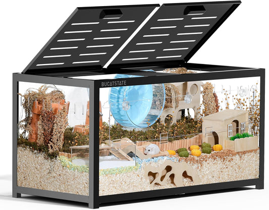 BUCATSTATE Hamsterkooi 3.0: Grote Metalen Rattenkooi Stapelbaar met Toegang aan de Bovenkant Eenvoudig te Monteren 100L x 50B x 52H CM Syrische Dwerghamster Tank voor Gerbil Muis (0,5m², Zwart)