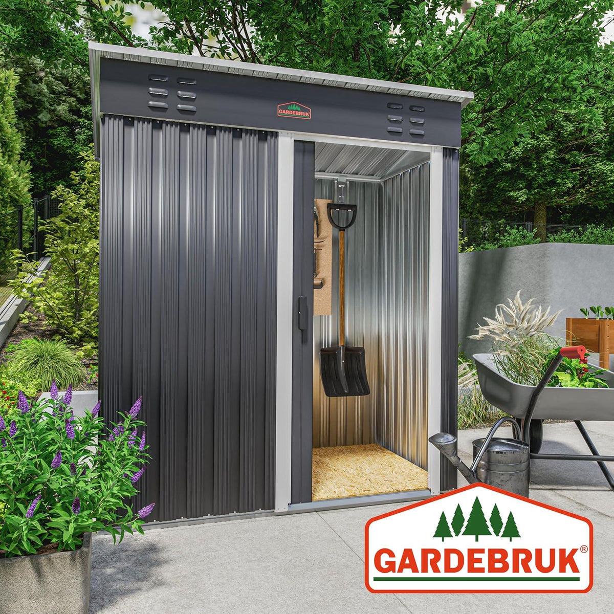 GARDEBRUK Garden house 185x165x90cm 1.5m2 Sliding Door 20kg Tool Holder Safety Gloves Ventilation Stainless Steel Sloping Roof Anthracite - QUORE