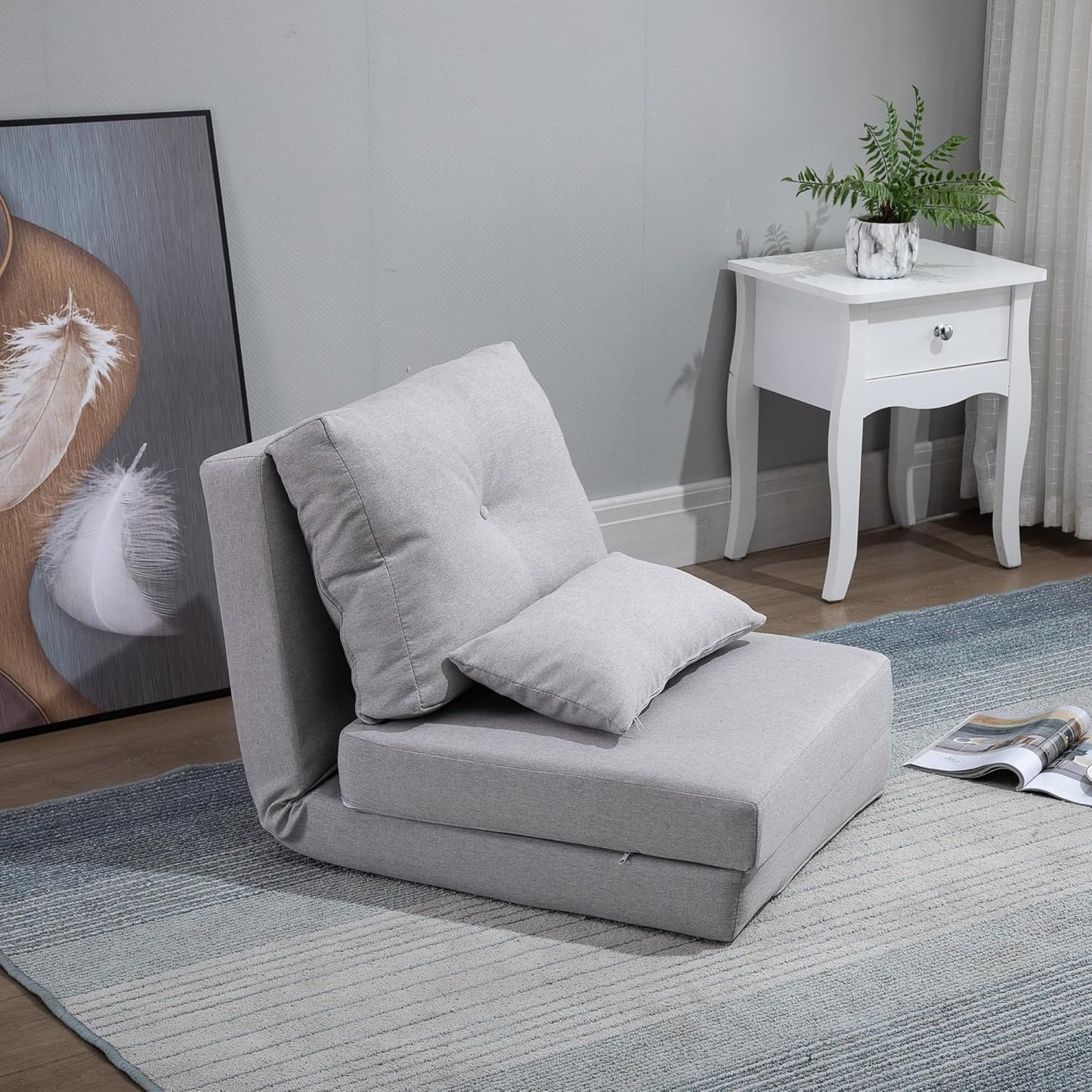 HOMCOM Bodensessel 2-in-1 Klappbett mit verstellbarer Rückenlehne Bodensofa mit Zierkissen, Bodensitzkissen für Wohnzimmer, Schlafzimmer, Leinen, Grau - QUORE