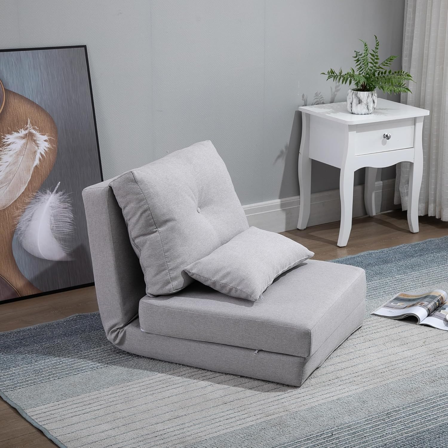 HOMCOM Bodensessel 2-in-1 Klappbett mit verstellbarer Rückenlehne Bodensofa mit Zierkissen, Bodensitzkissen für Wohnzimmer, Schlafzimmer, Leinen, Grau - QUORE