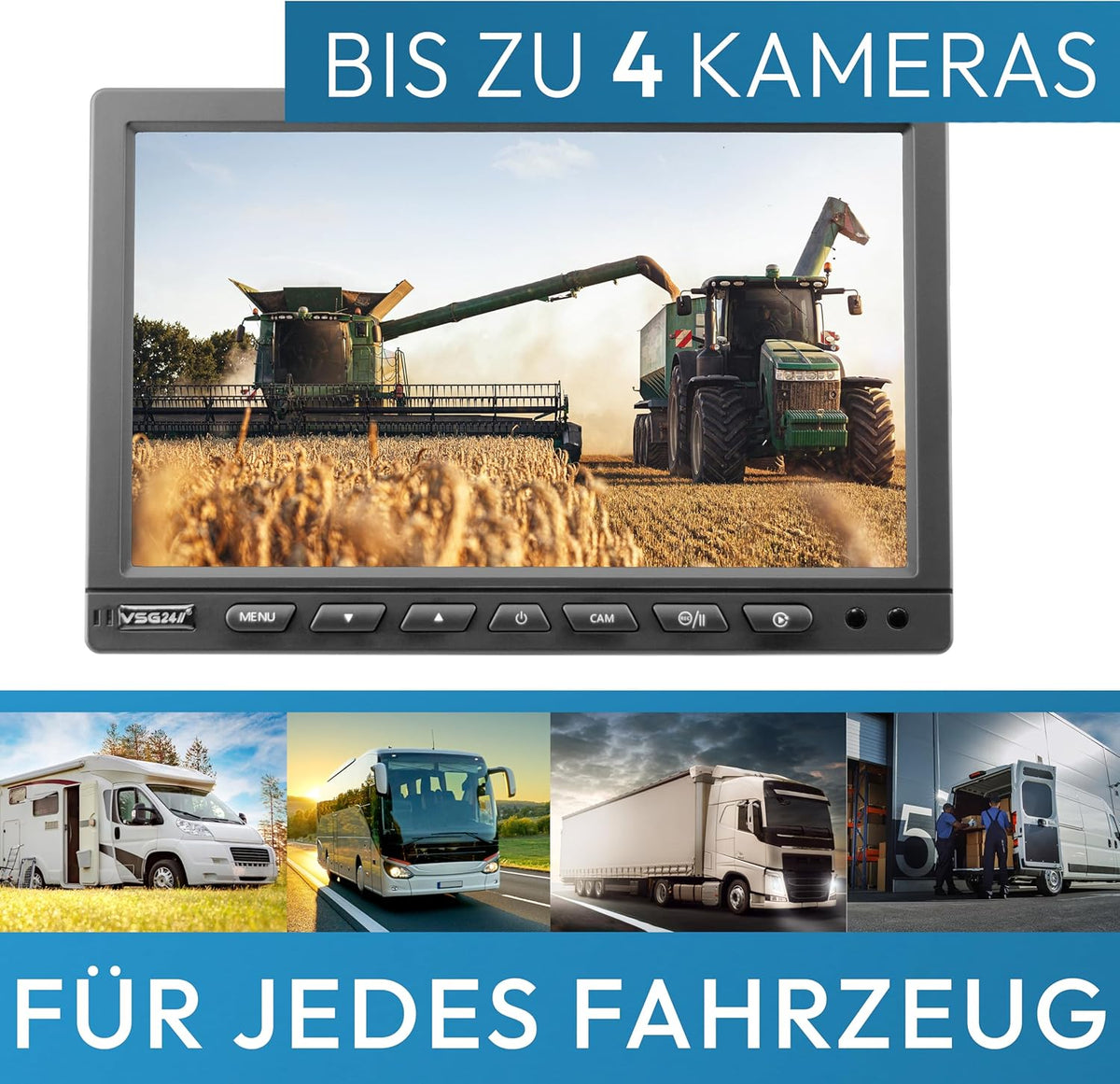 VSG24 7"professionele achteruitrijmonitor / 12-24 volt/afstandslijnen/spiegelend beeld / 2 video-ingangen/off-vertraging/e-goedkeuring/camerastroomvoorziening/elect-serie 22D. 10" QUAD Rückfahrmonitor