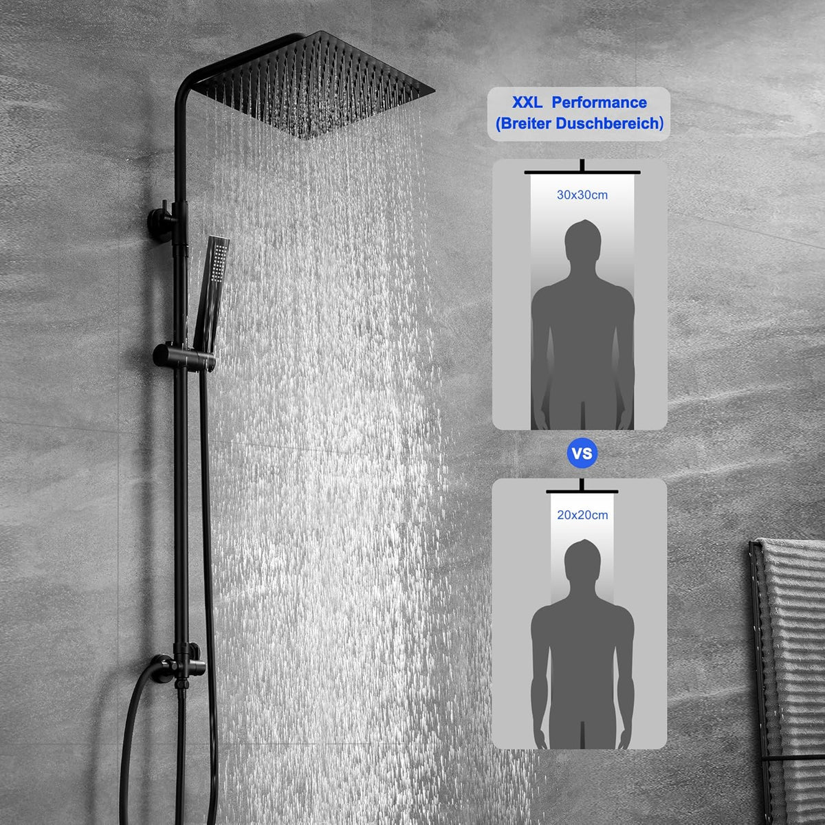 Douchesysteem – Regendouche – Doucheset – Douchekolom – Handdouche – Mat Zwart – Roestvrij Staal – Verstelbare Hoogte 74-114 cm – Grote 30x30 cm Ultra-Dunne Douchekop