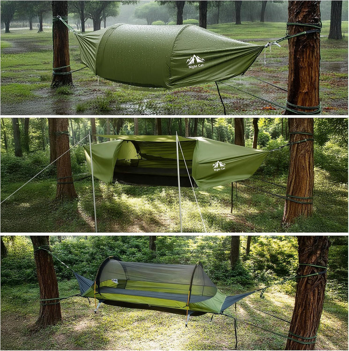 Night Cat Lay Flat Hammock: Flat Bottom with Mosquito Net Waterproof Rain Fly for 1 Person Camping in Garden Backyard Wild (Camouflage)