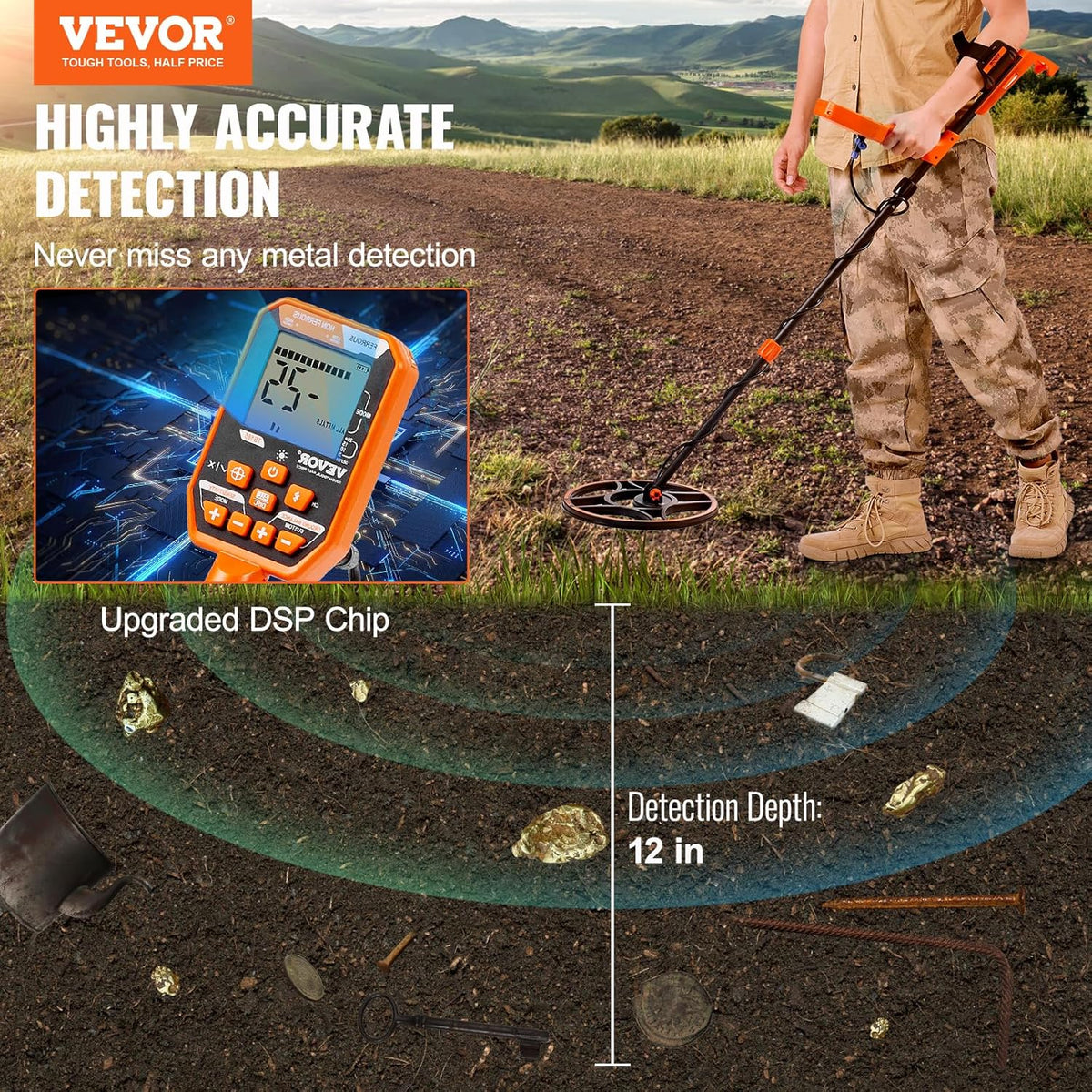 VEVOR Metaaldetector, zoekspoel, 30,5 cm, oplaadbaar, 99-127 cm, LCD-scherm, waterdicht, IP68, 7 modi, DSP-chip, bluetooth, voor goudzoeken, schattenjacht, zwart/oranje