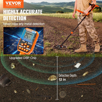 VEVOR Metaaldetector, zoekspoel, 30,5 cm, oplaadbaar, 99-127 cm, LCD-scherm, waterdicht, IP68, 7 modi, DSP-chip, bluetooth, voor goudzoeken, schattenjacht, zwart/oranje