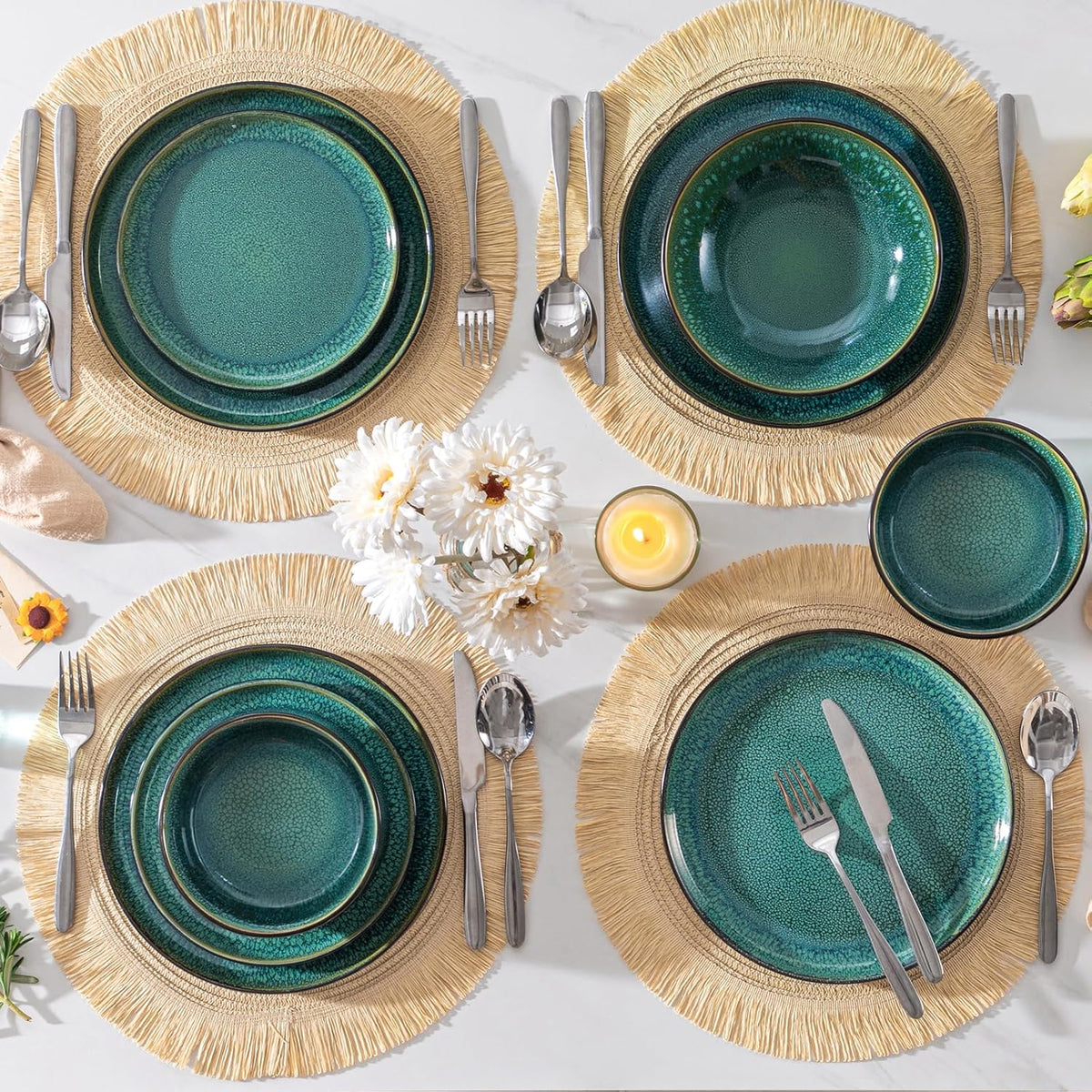 vancasso 24-delig eetservies, keramische borden en schalen set voor 6, mediterrane stijl diner sets in levendig groen, Playa serie eetservies set voor 6
