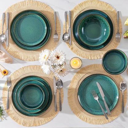 vancasso 24-delig eetservies, keramische borden en schalen set voor 6, mediterrane stijl diner sets in levendig groen, Playa serie eetservies set voor 6