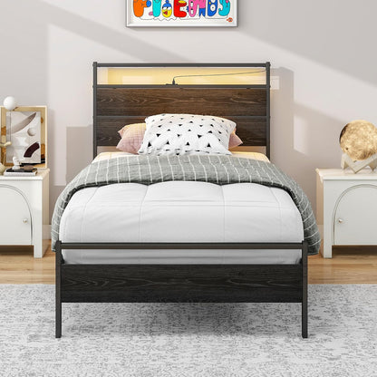 Bedframe van hout en metaal met laadstation en led, 90 x 200 cm, eenpersoonsbed met hoofdeinde en lattenbodem, functioneel