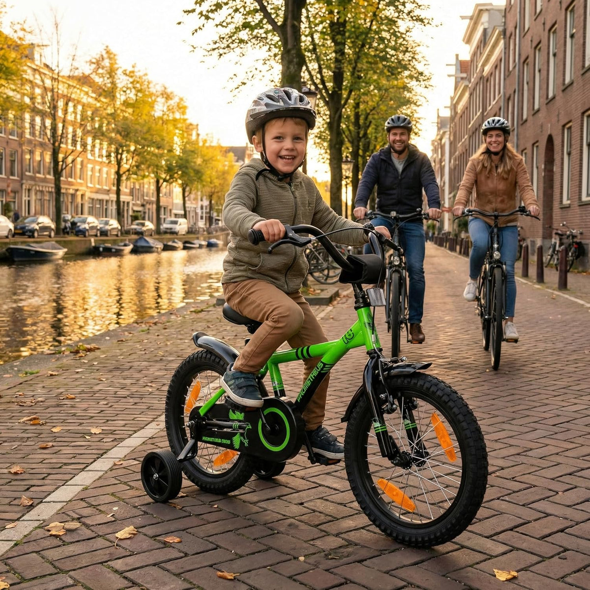PROMETHEUS BICYCLES Kinderfiets, 16 inch, vanaf 5 jaar, voor meisjes en jongens, met zijwieltjes, achteruittraprem, groen en zwart
