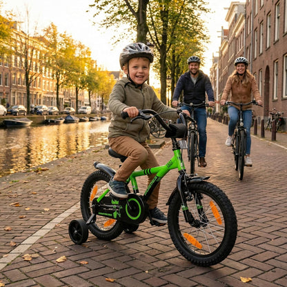 PROMETHEUS BICYCLES Kinderfiets, 16 inch, vanaf 5 jaar, voor meisjes en jongens, met zijwieltjes, achteruittraprem, groen en zwart