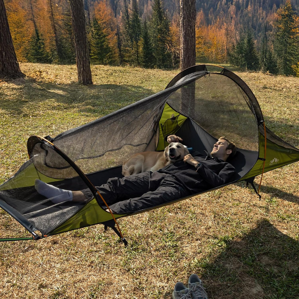 Night Cat Camping Hammock Tent: 1 Person Flat Bottom Hammock with Waterproof Mosquito Net for Bivouac Hiking Garden